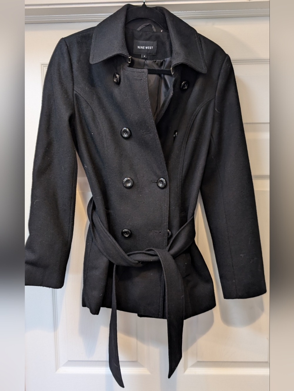 Nine West Women's Black Double Breasted Belted Wool Blend Coat Size 6 EUC! cthny